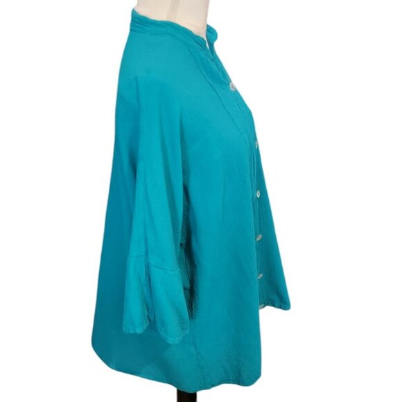 Chali Mexico Teal/Turquoise Blue Button-Down Mandarin Collar 3/4 Sleeve Top NWOT - Picture 3 of 5